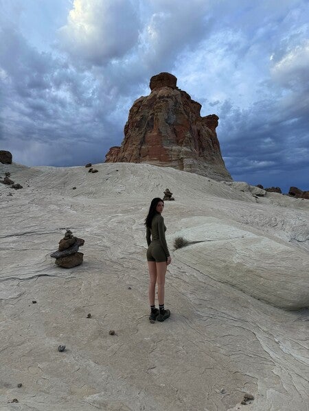 image by kendalljenner containing woman, stand, desert, stone, landscape